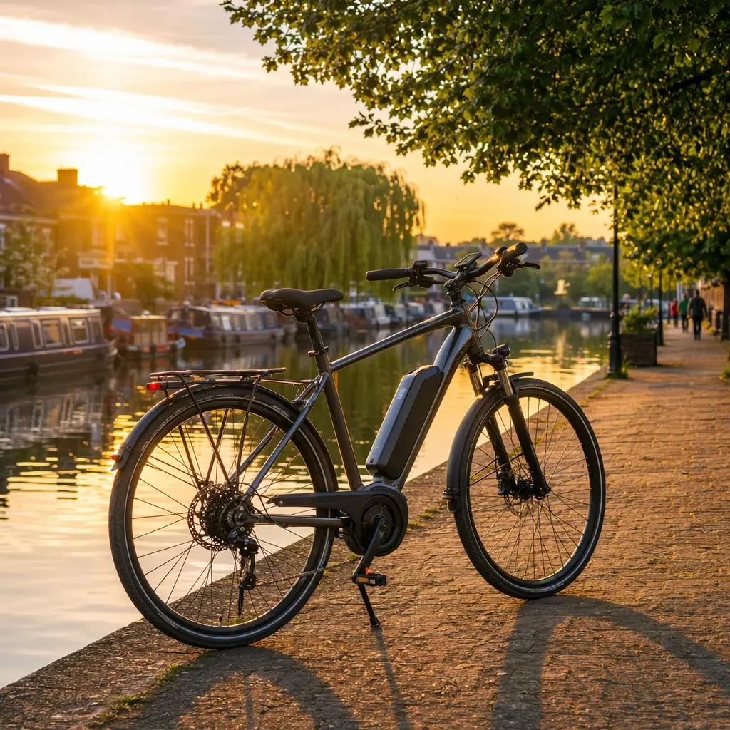Electric bike beside a canal towpath in warm golden-hour light