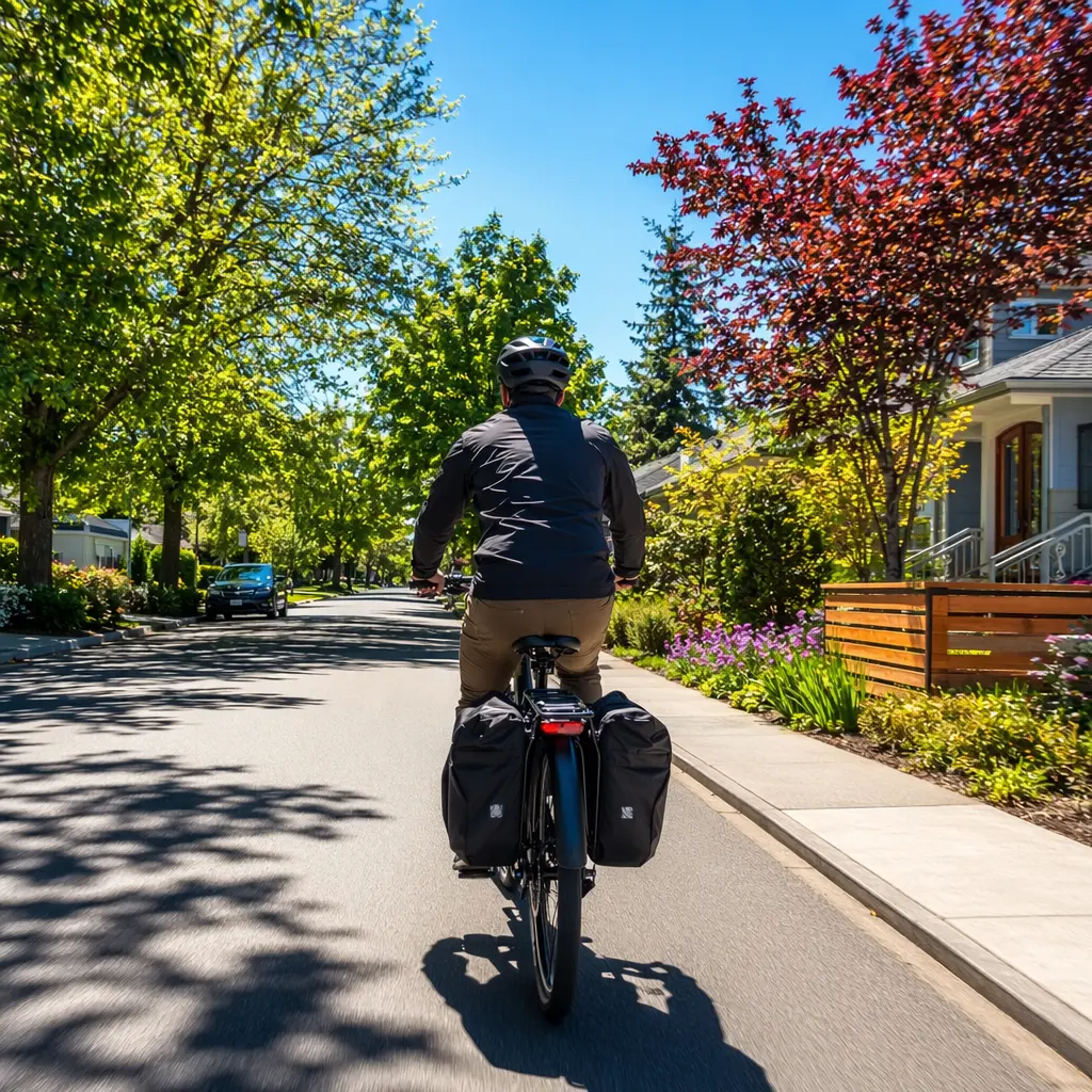 Electric bike commuter riding through a bright suburban street