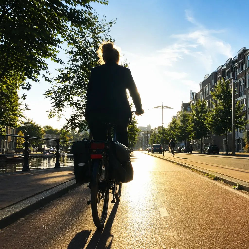 Electric commuter bike on a sunny UK cycle lane with rider silhouette from behind