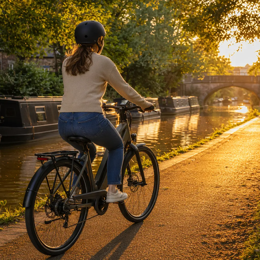 An electric bike riding beside a canal towpath in warm evening light.