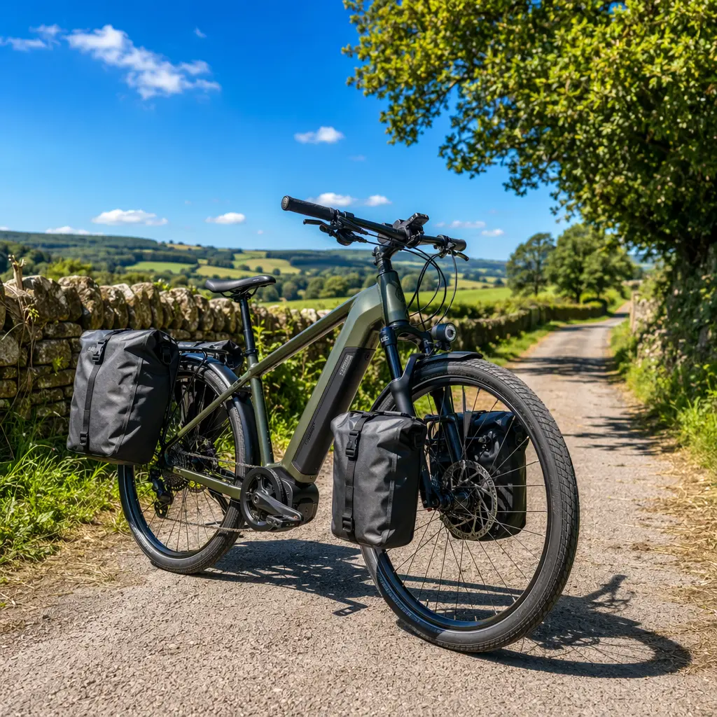 An electric bike with panniers riding along a bright country lane.