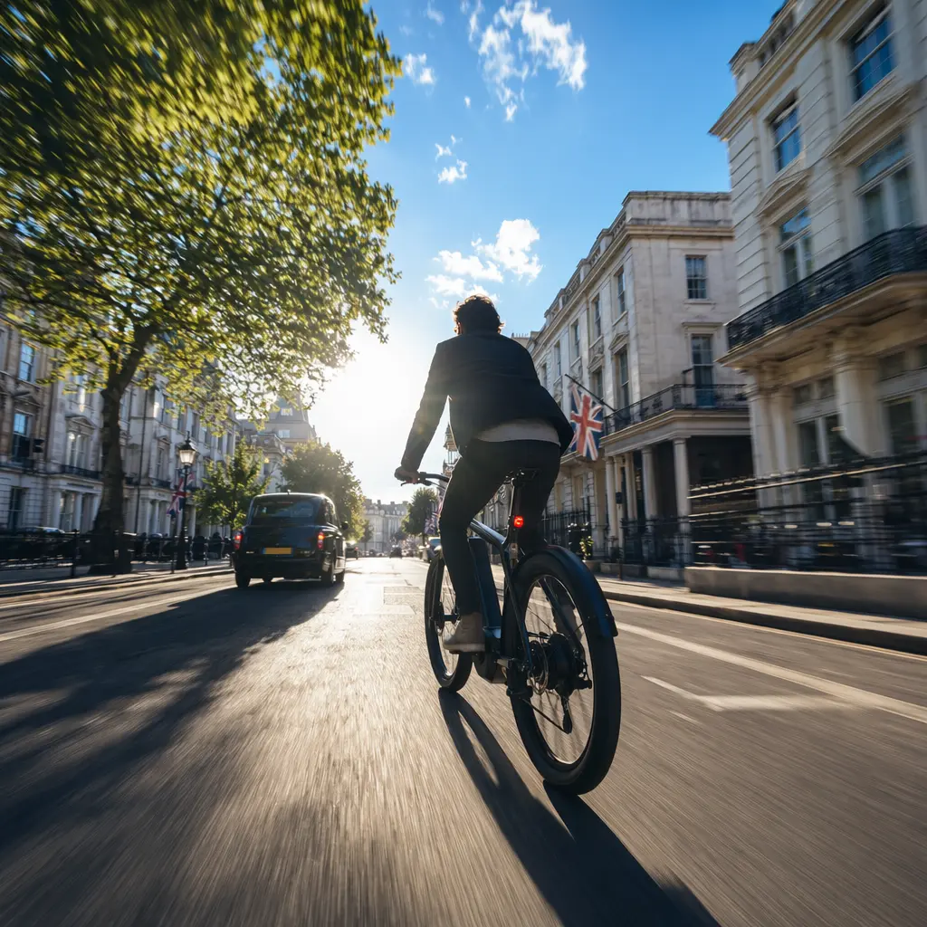 A premium electric bike ridden through a sunlit city street with bright summer light.
