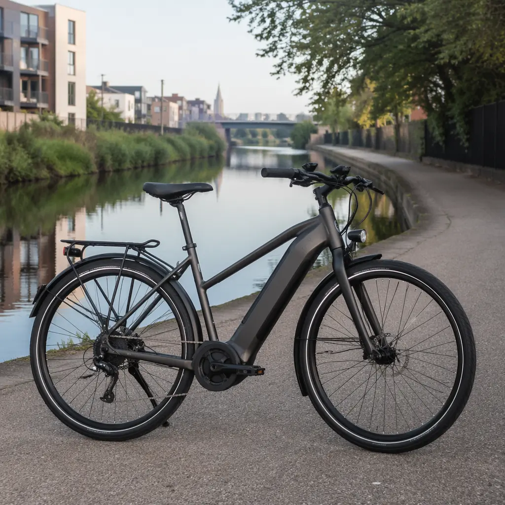 Budget electric commuter bike on a UK cycle path