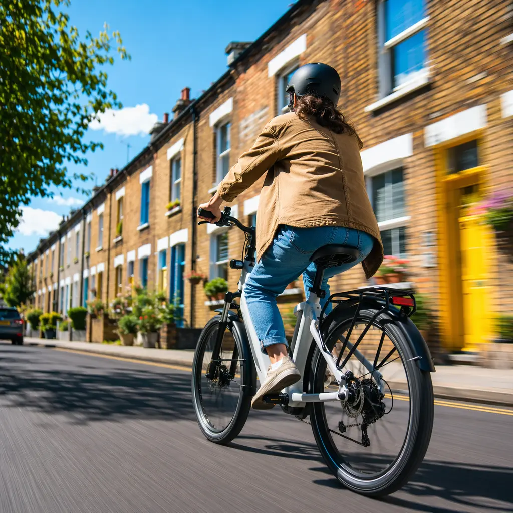 Budget electric bike being ridden through a sunny UK street, viewed from behind