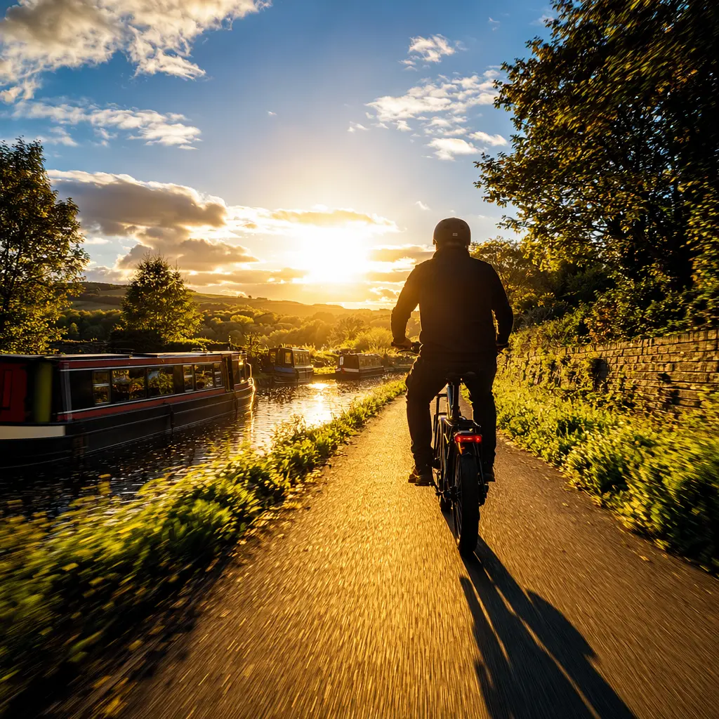 Silhouette of a rider on an electric bike riding along a canal towpath in warm evening light
