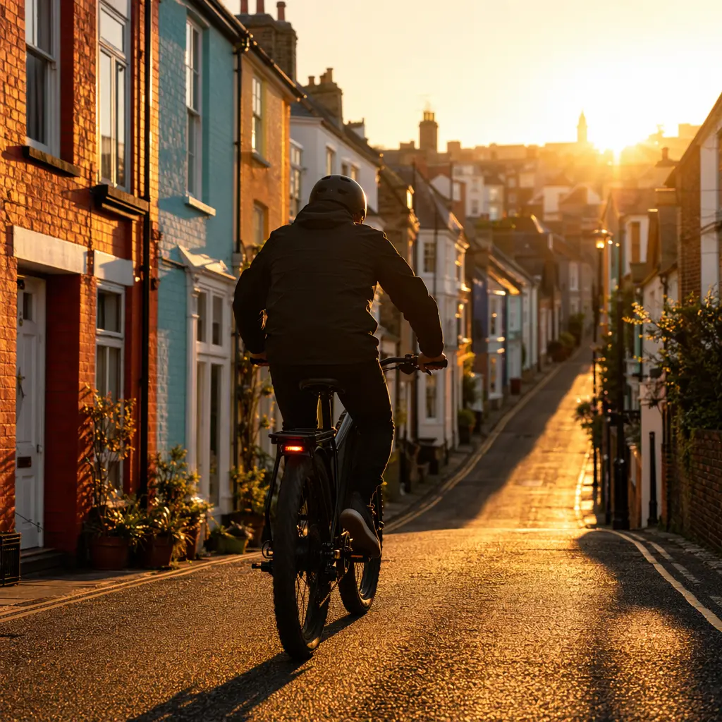 An electric bike climbing a steep town street in warm golden-hour light