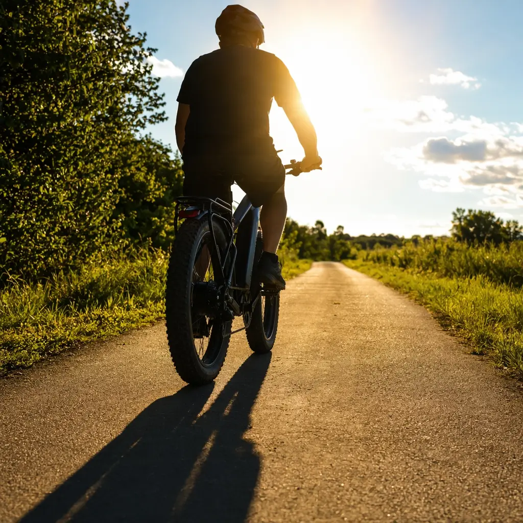 Electric bike being ridden on a bright country lane, silhouetted rider from behind