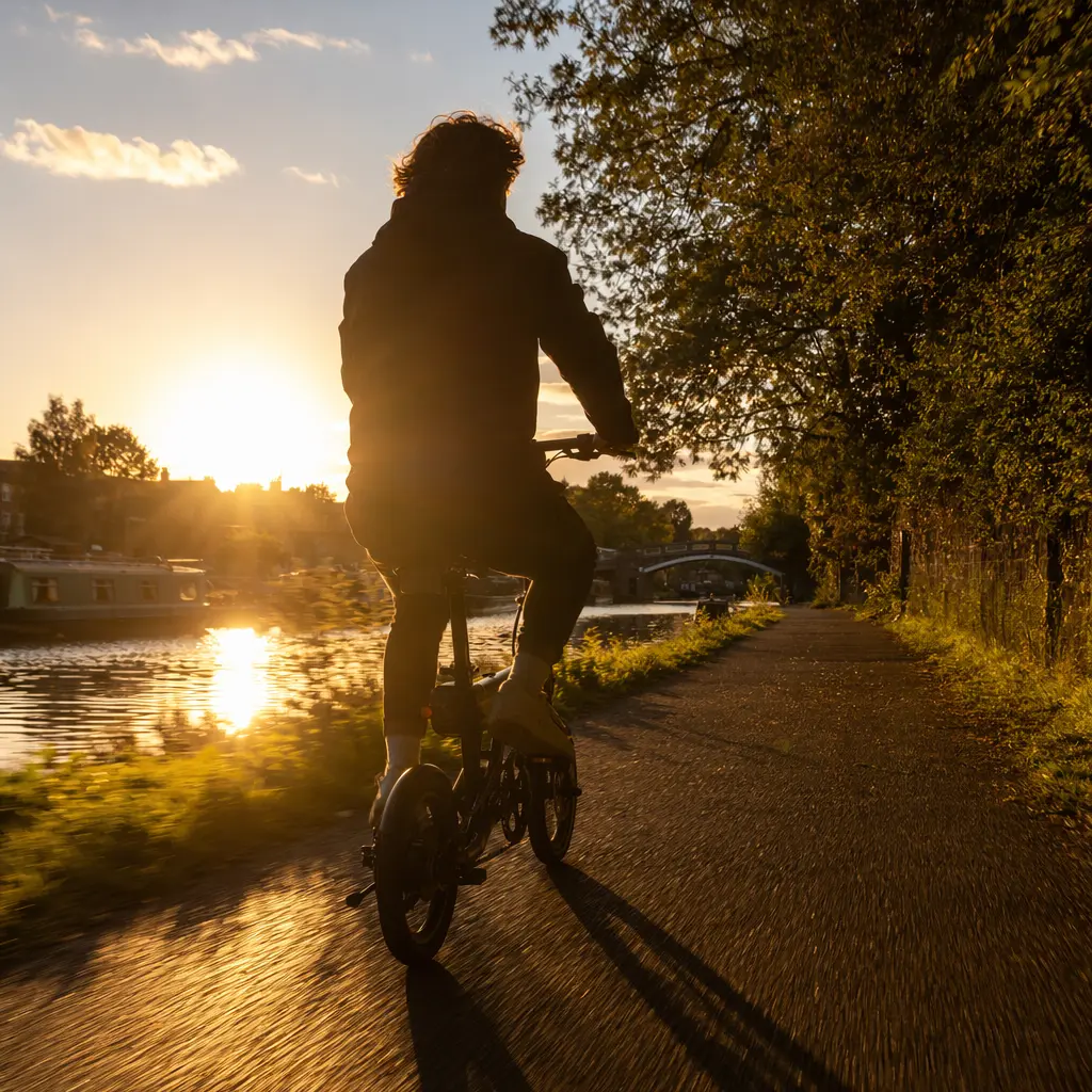 Budget electric bike being ridden along a canal towpath in warm golden-hour light