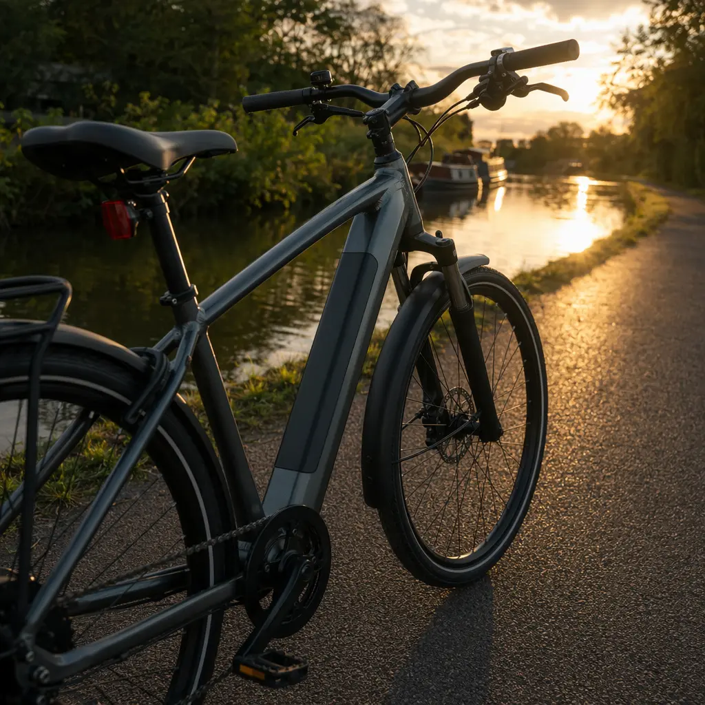 Budget electric bike beside a canal towpath in warm evening light