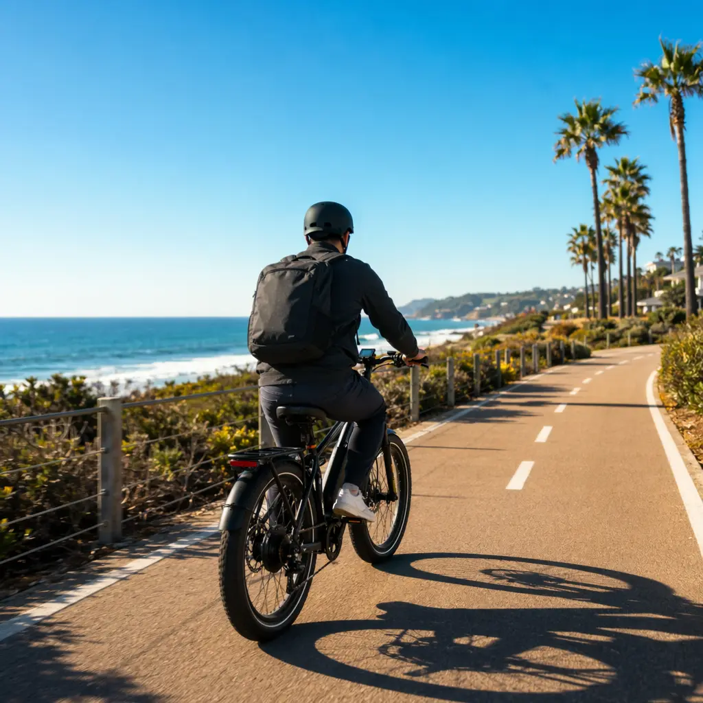 Electric bike set up for commuting on a bright coastal cycle path