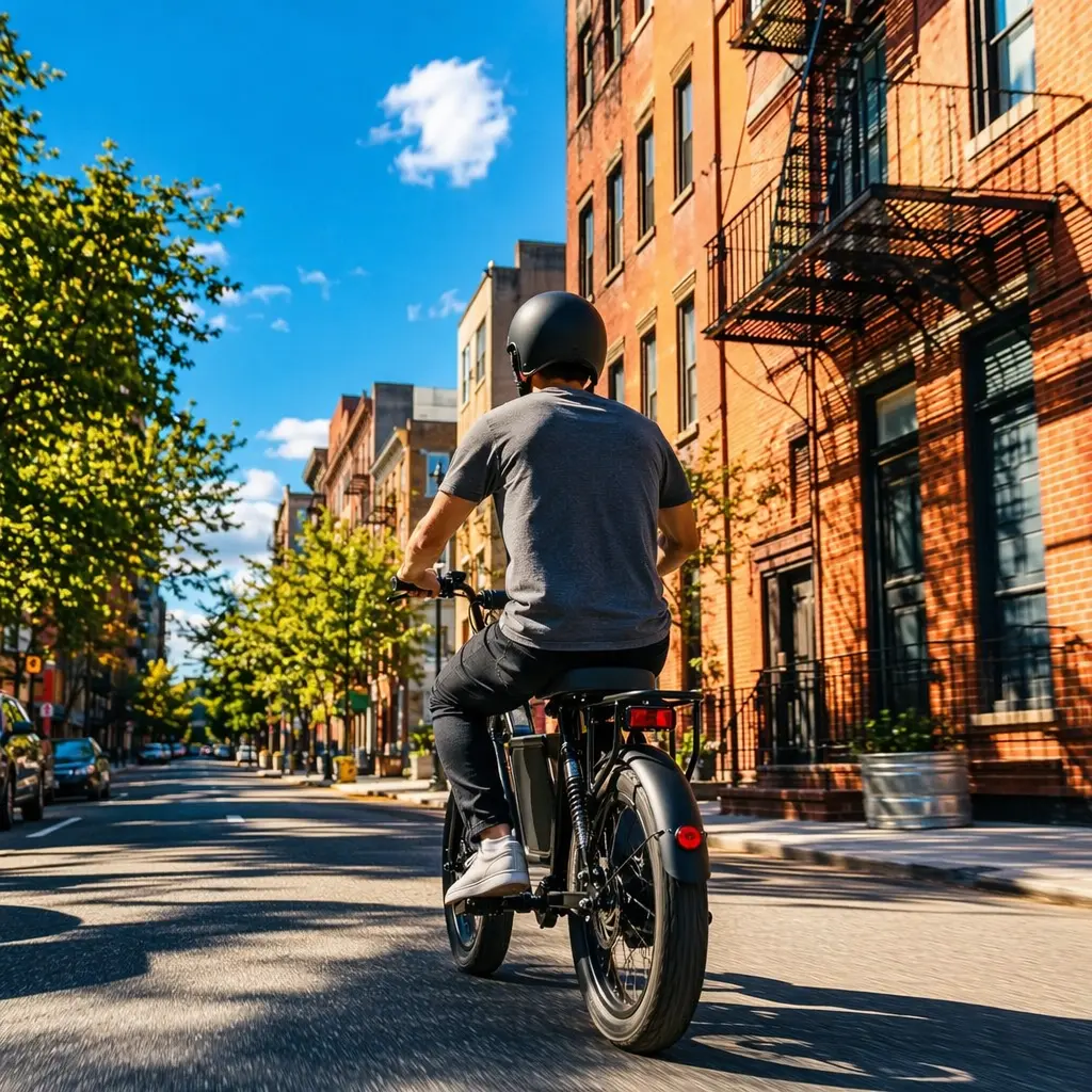 Affordable electric bike on a sunny UK city street, set up for short commuting