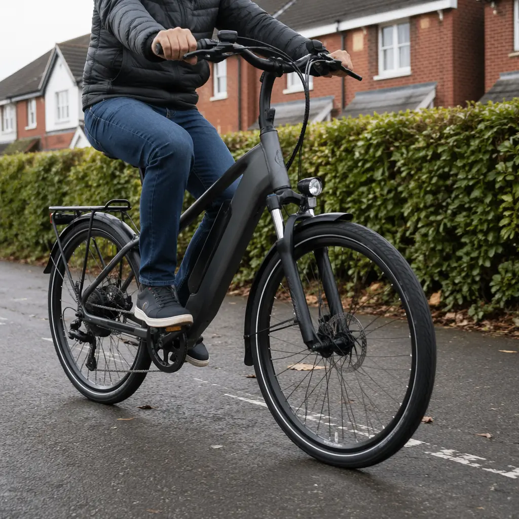 Budget electric bike on a UK cycle path in a suburban setting