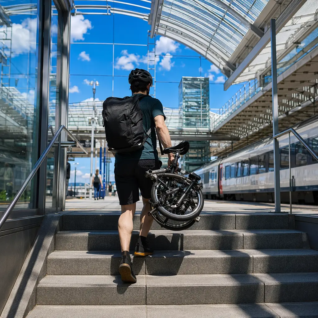 A folding bike being carried through a bright, modern train station.