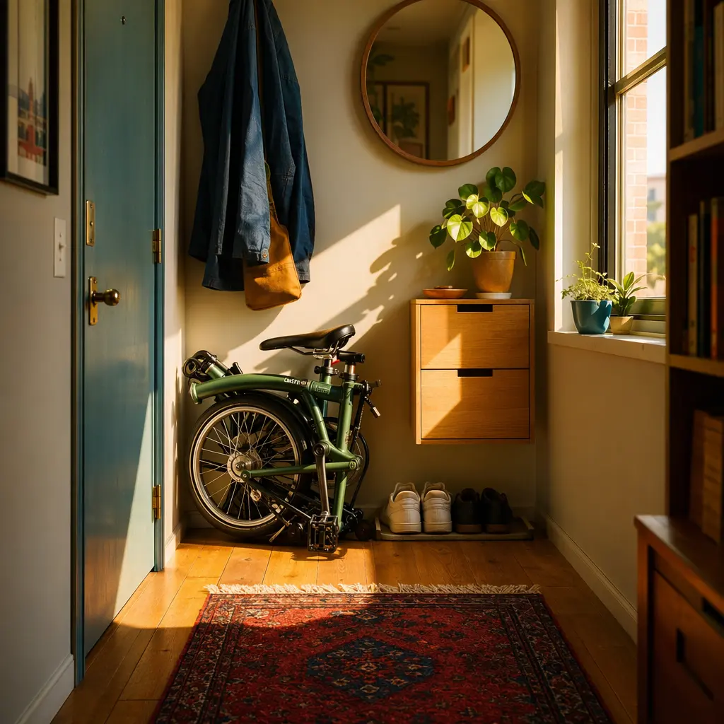 A folded bike stored neatly in a sunlit hallway.
