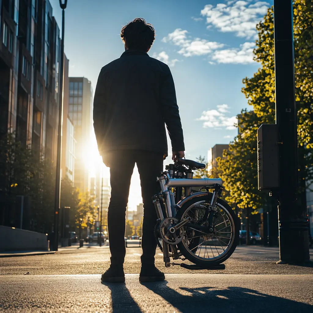 A premium folding bike in a bright, sunlit urban setting, folded beside a commuter silhouette.