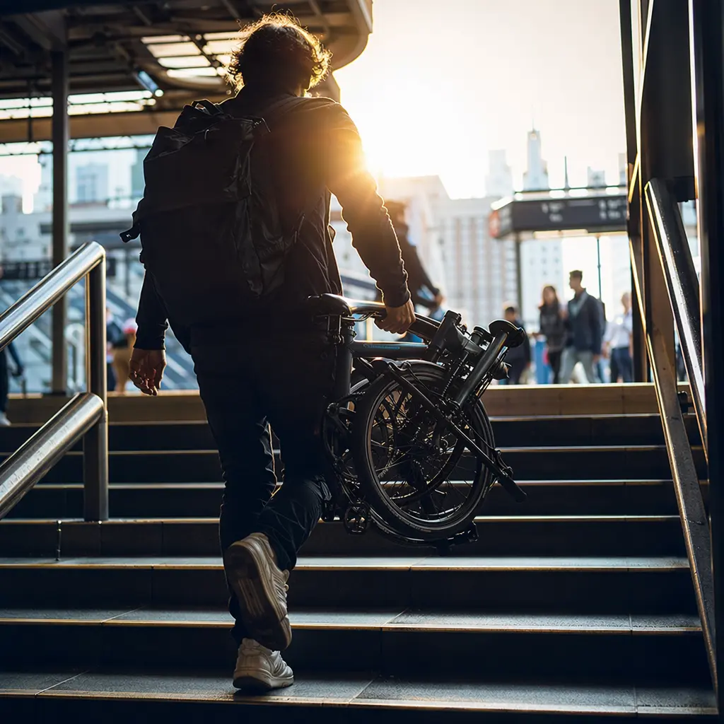 A folded bike carried up station steps, highlighting portability for train travel.