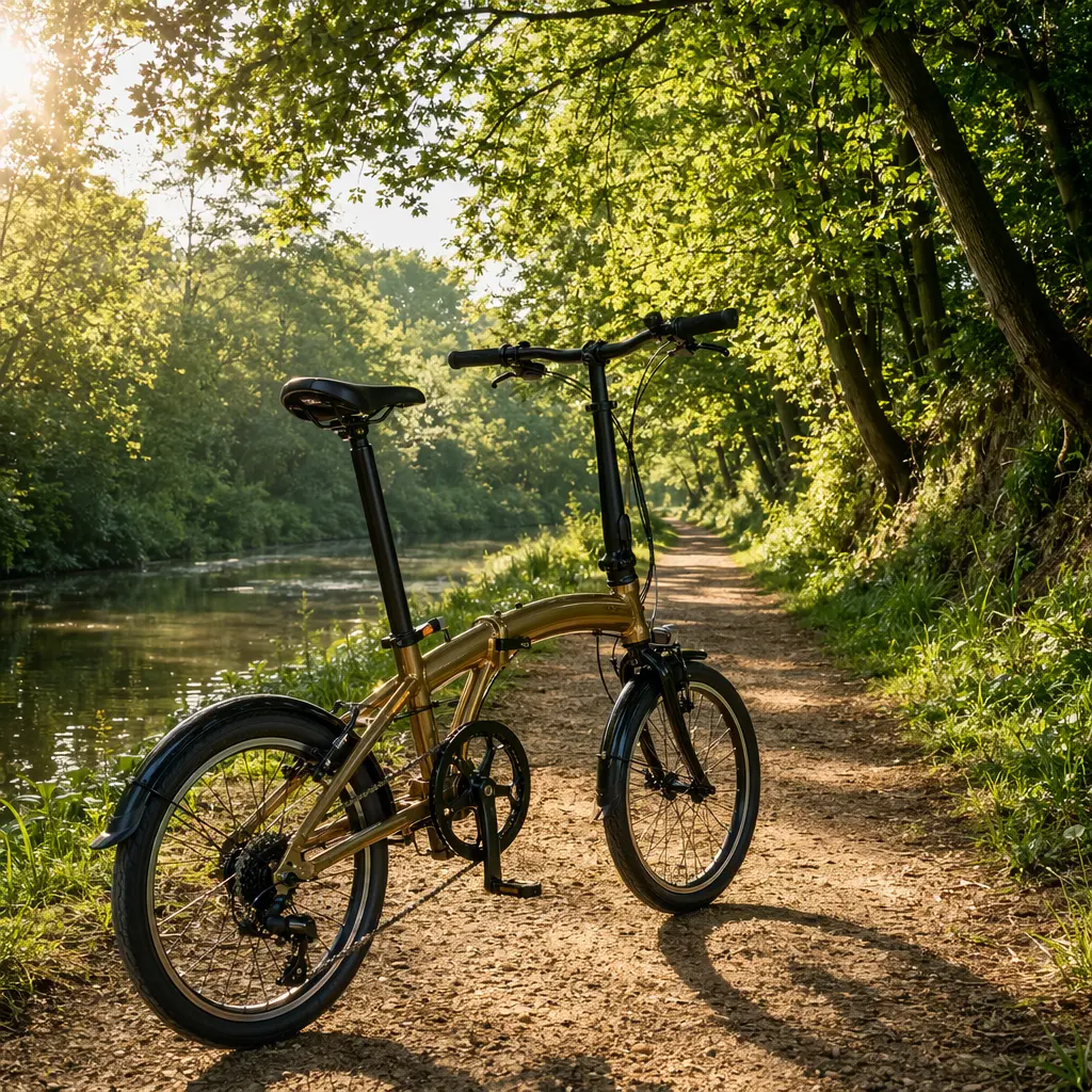 A folding bike unfolded on a sunny canal towpath, showing its ride-ready setup.