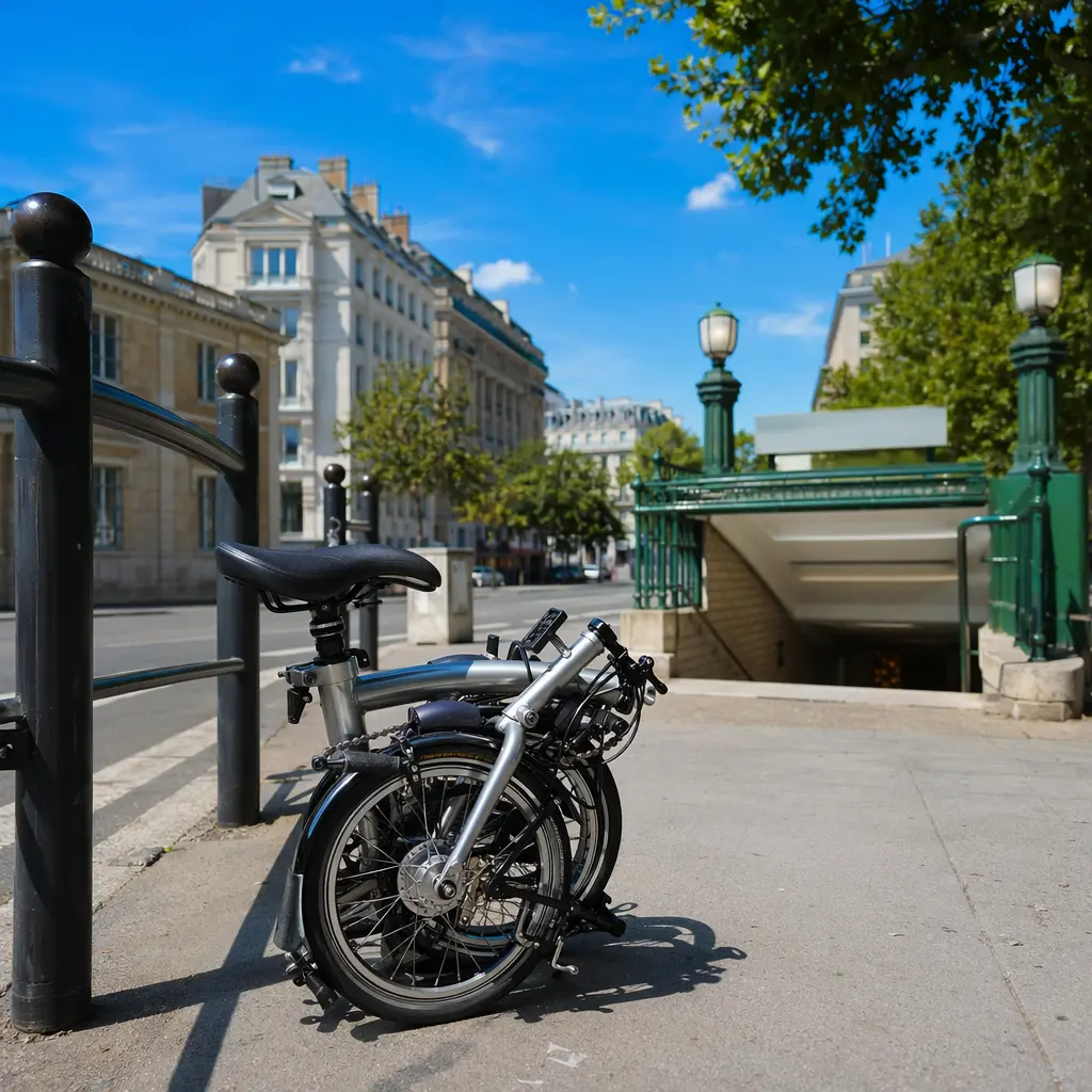 A folding bike in bright sunshine on a city street near a train station, showing its compact folded size.