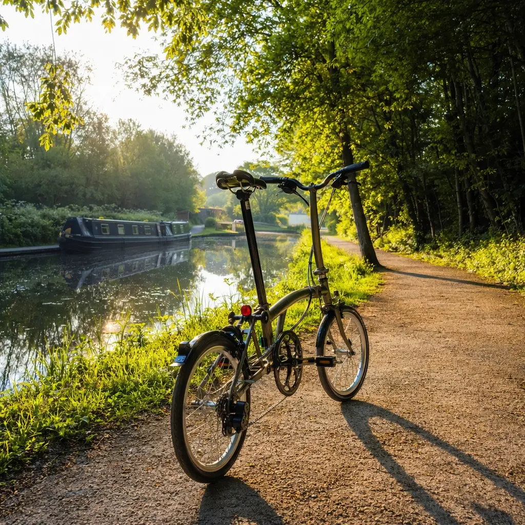 A folding bike being ridden along a canal towpath in warm morning sunlight.