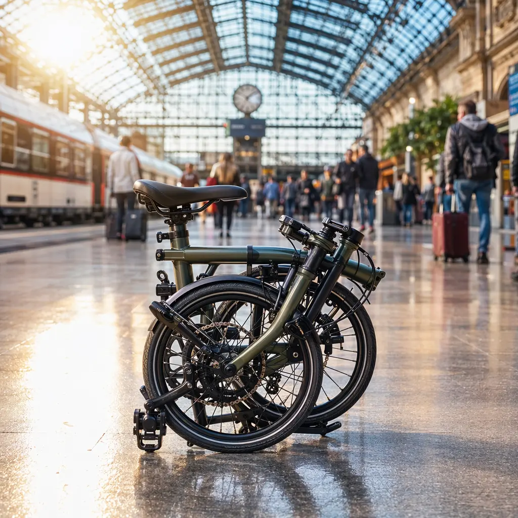 A folded bike standing upright in bright daylight at a railway station.