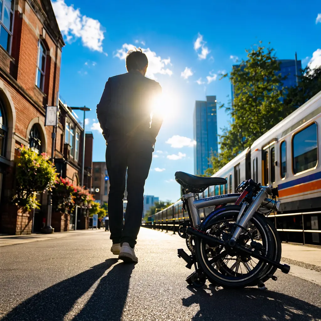 A folding bike in bright summer light beside a train platform, shown without branding.