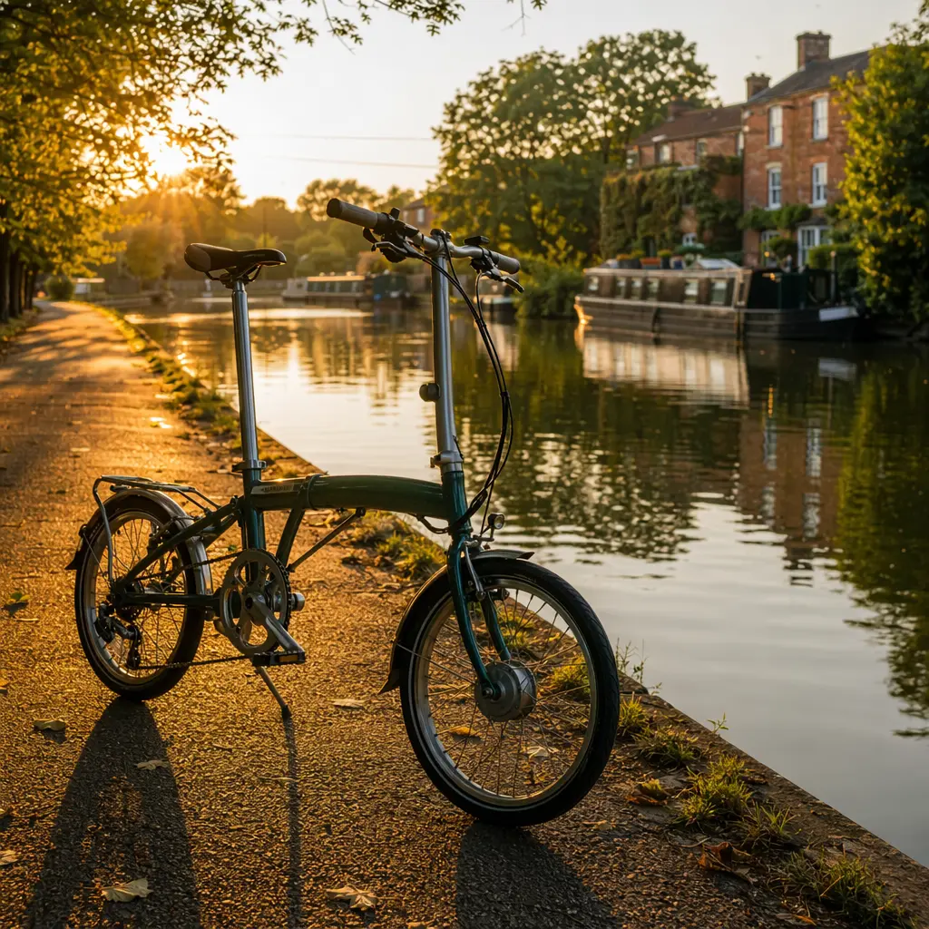 Folding bike on a canal towpath in warm golden-hour light