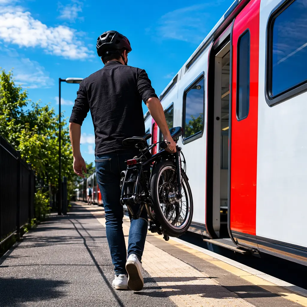 Folding bike being taken onto a train platform in bright summer light