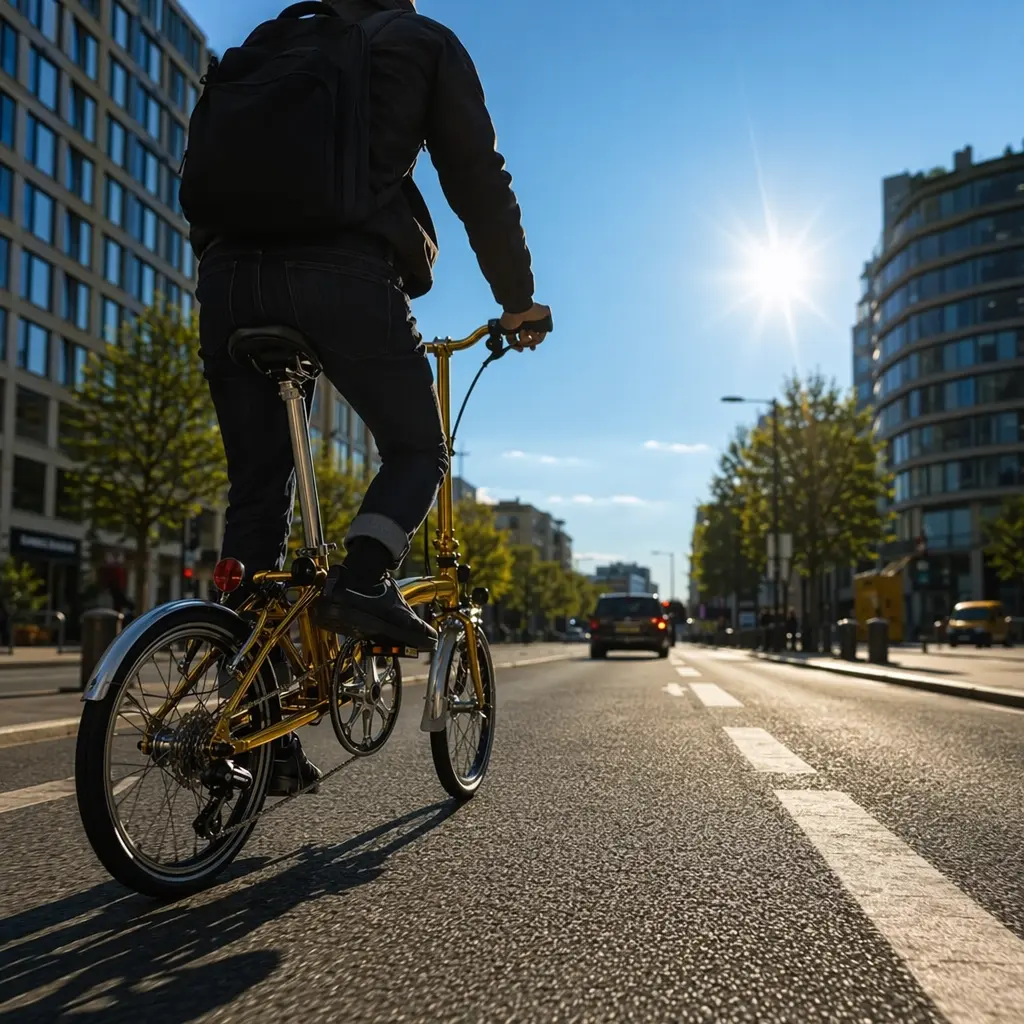 Folding bike being ridden in a bright city setting, shown as a silhouette from behind