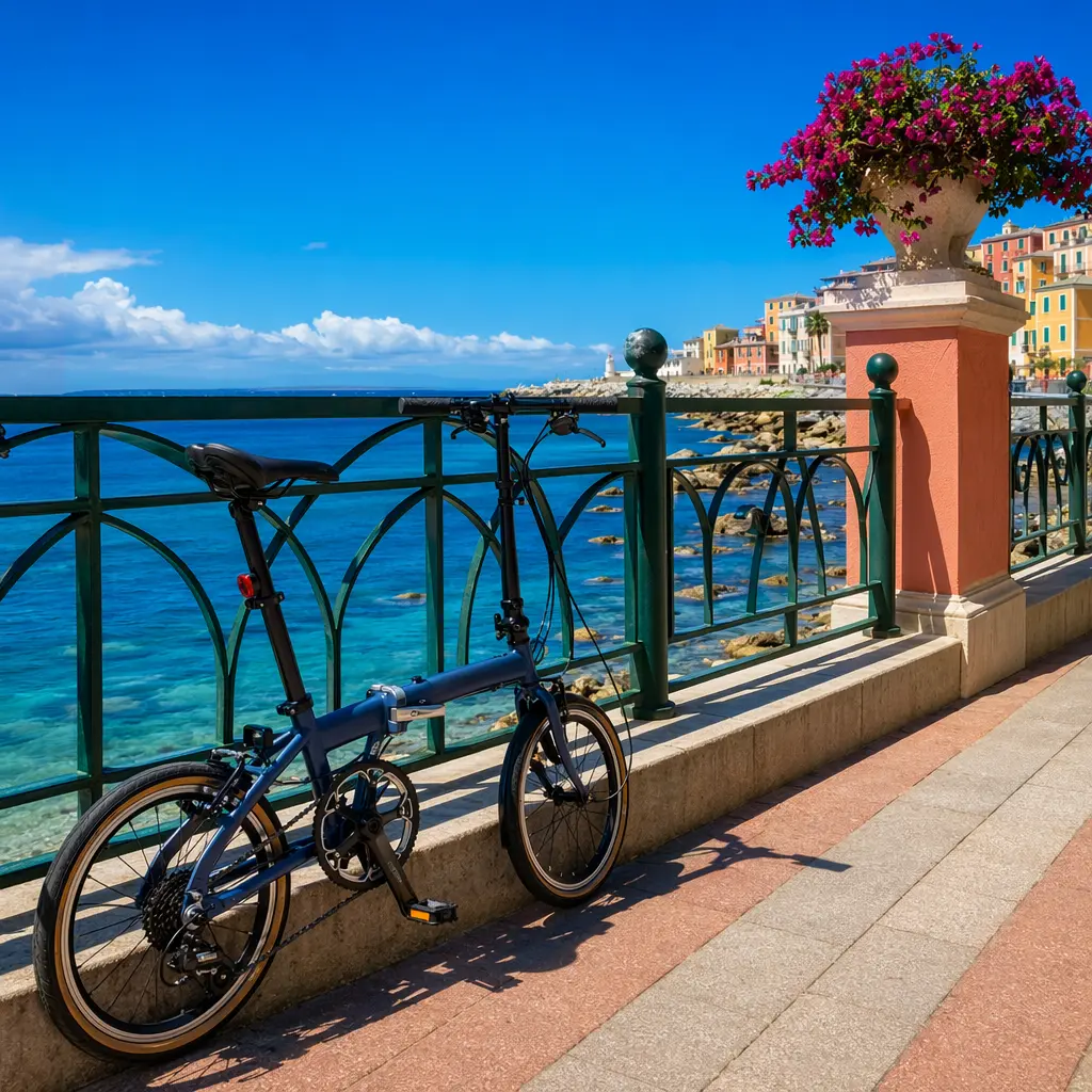 Budget folding bike parked on a sunny promenade with blue sky