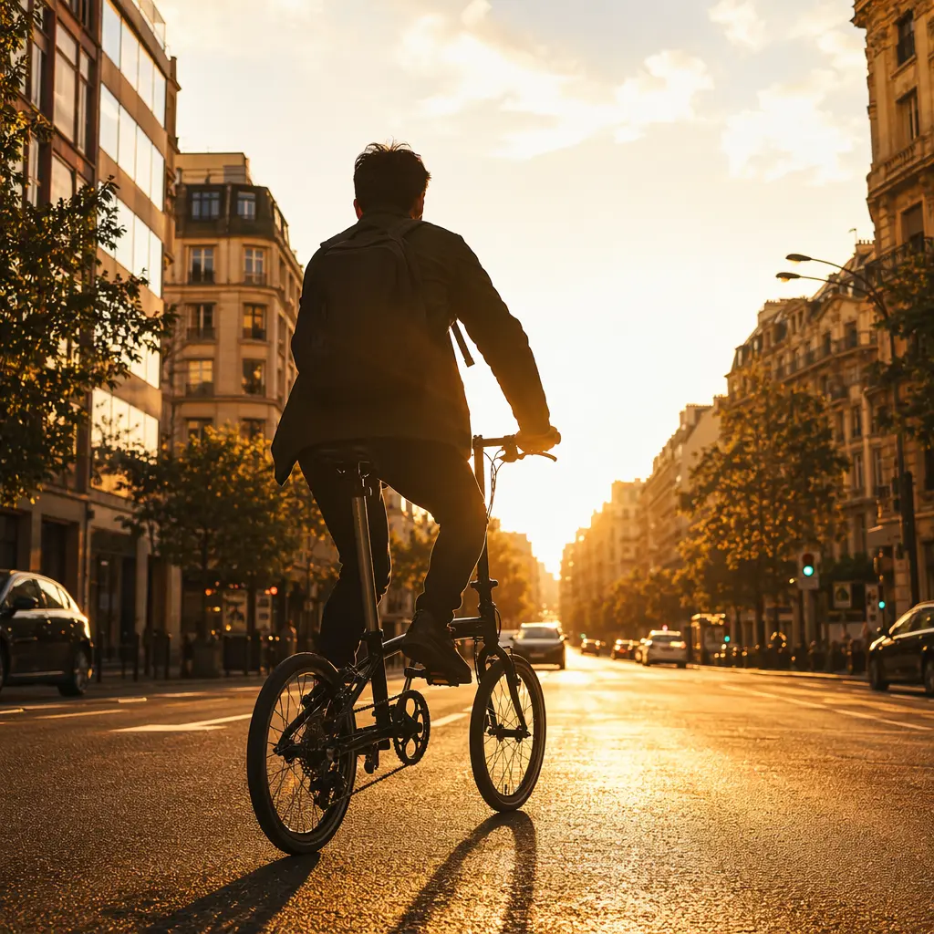 Compact folding bike being ridden along a sunlit city street at golden hour