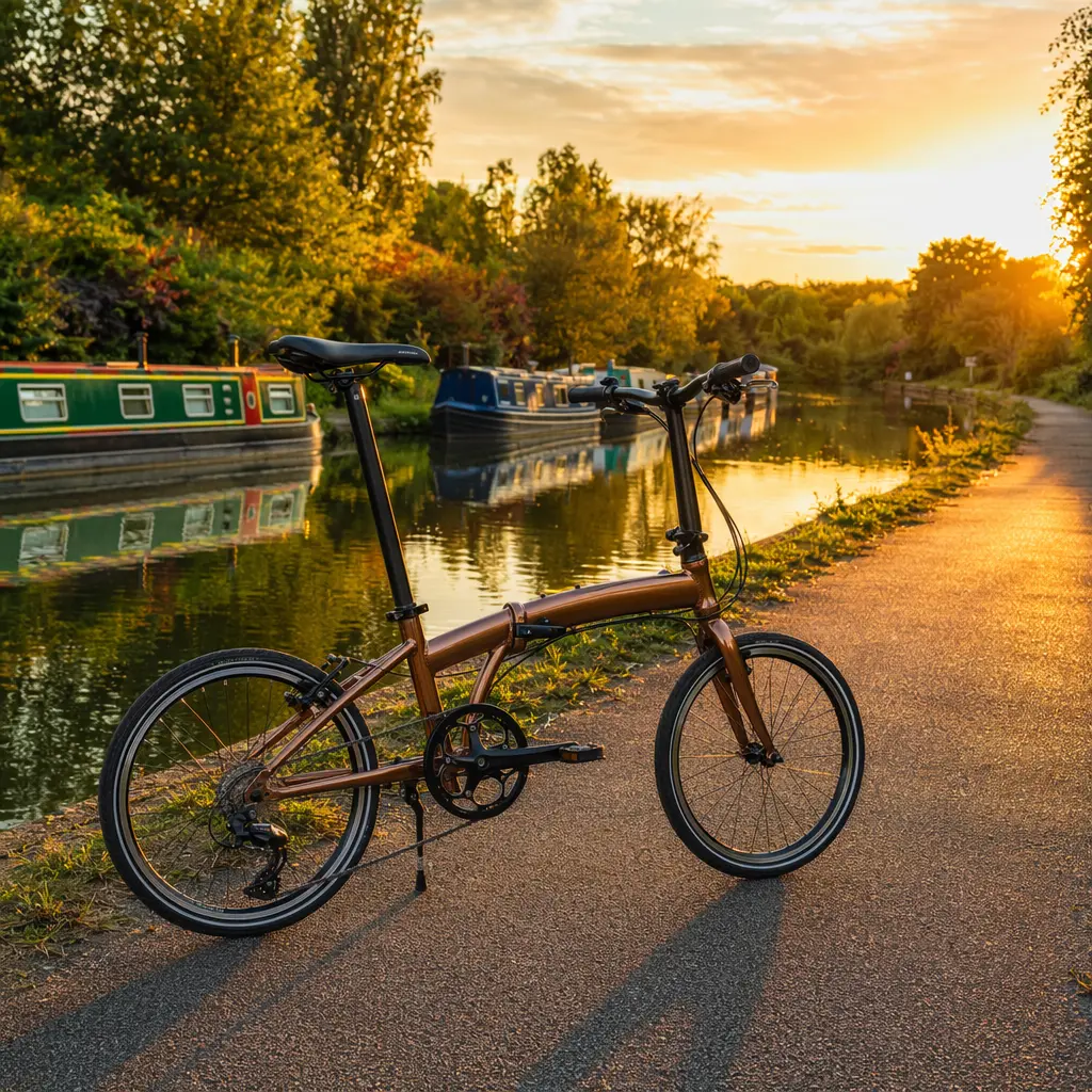 An unfolded folding bike in warm golden-hour light beside a UK canal towpath