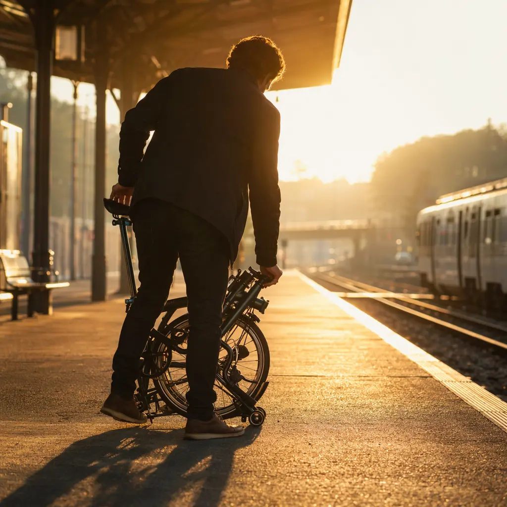 A folding bike mid-fold on a bright railway platform, shown with a rider silhouette