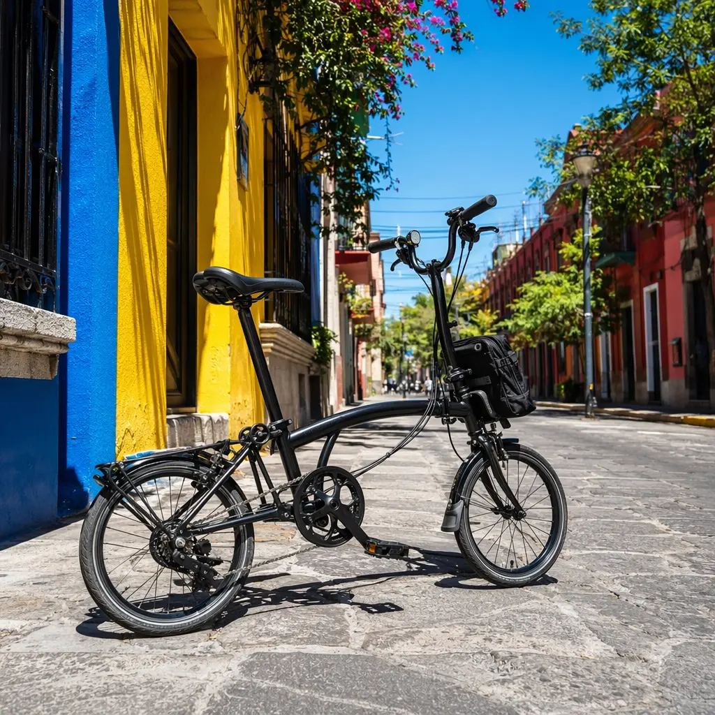 A budget folding bike on a bright, sunny UK street, showing its compact folded design