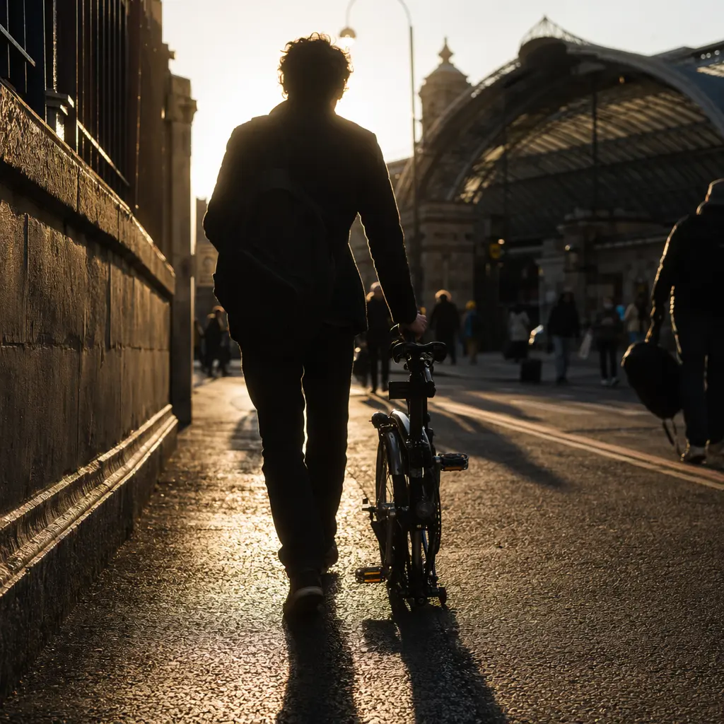 A compact folding bike being wheeled near a train station at golden hour