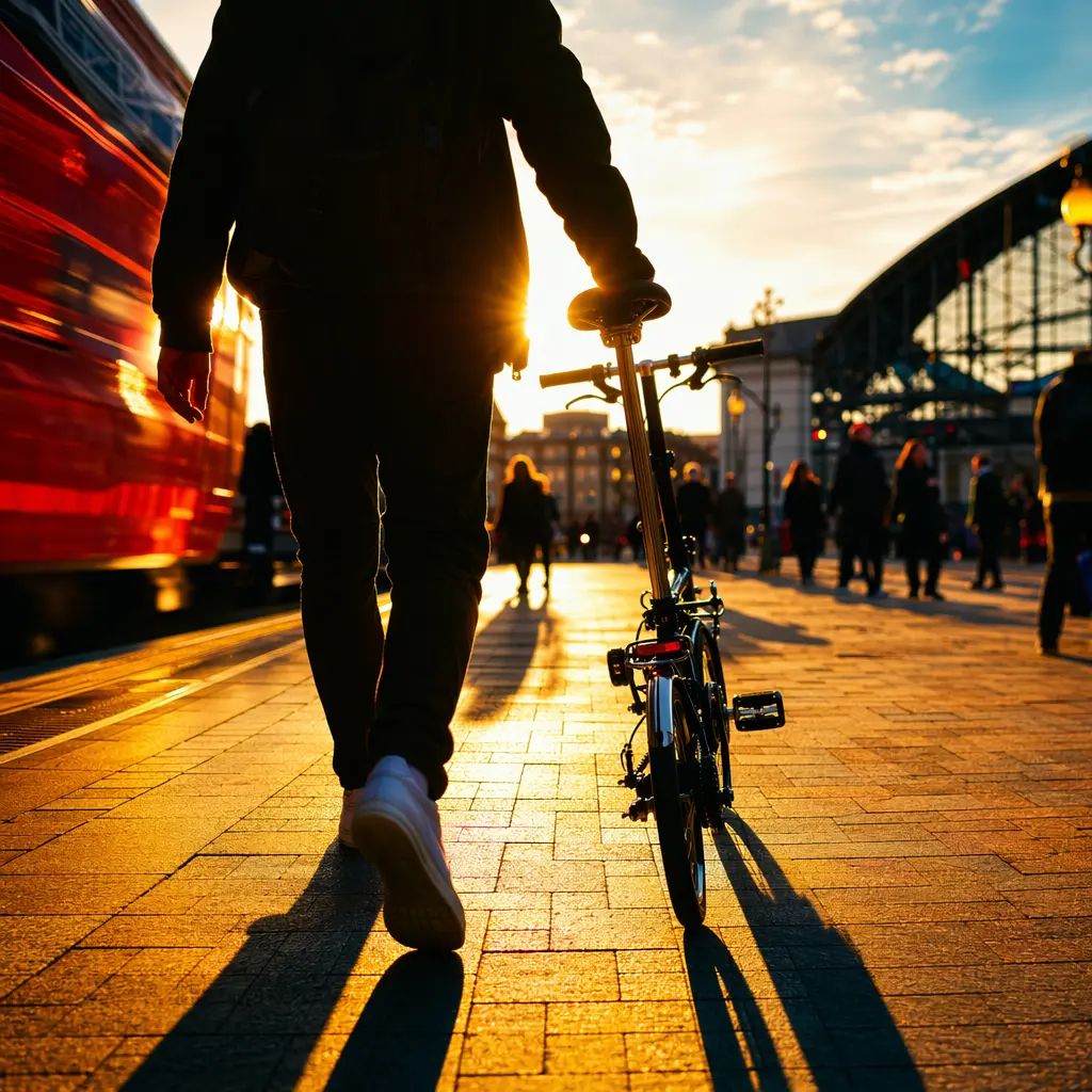 A folding bike being wheeled near a station in bright backlit sunshine