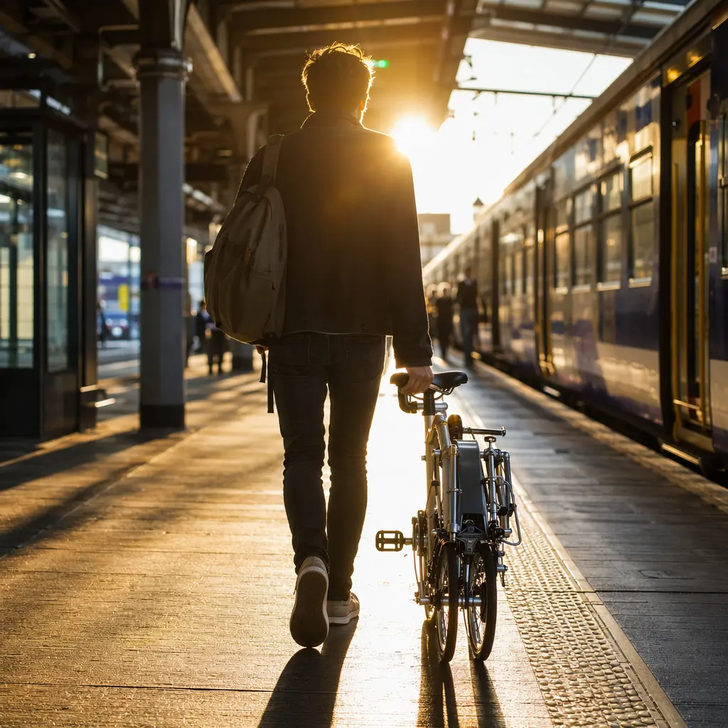 Folding bike being pushed along a sunlit UK train platform at golden hour
