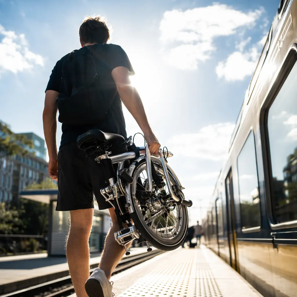 A folding bike carried by a commuter on a sunny station platform