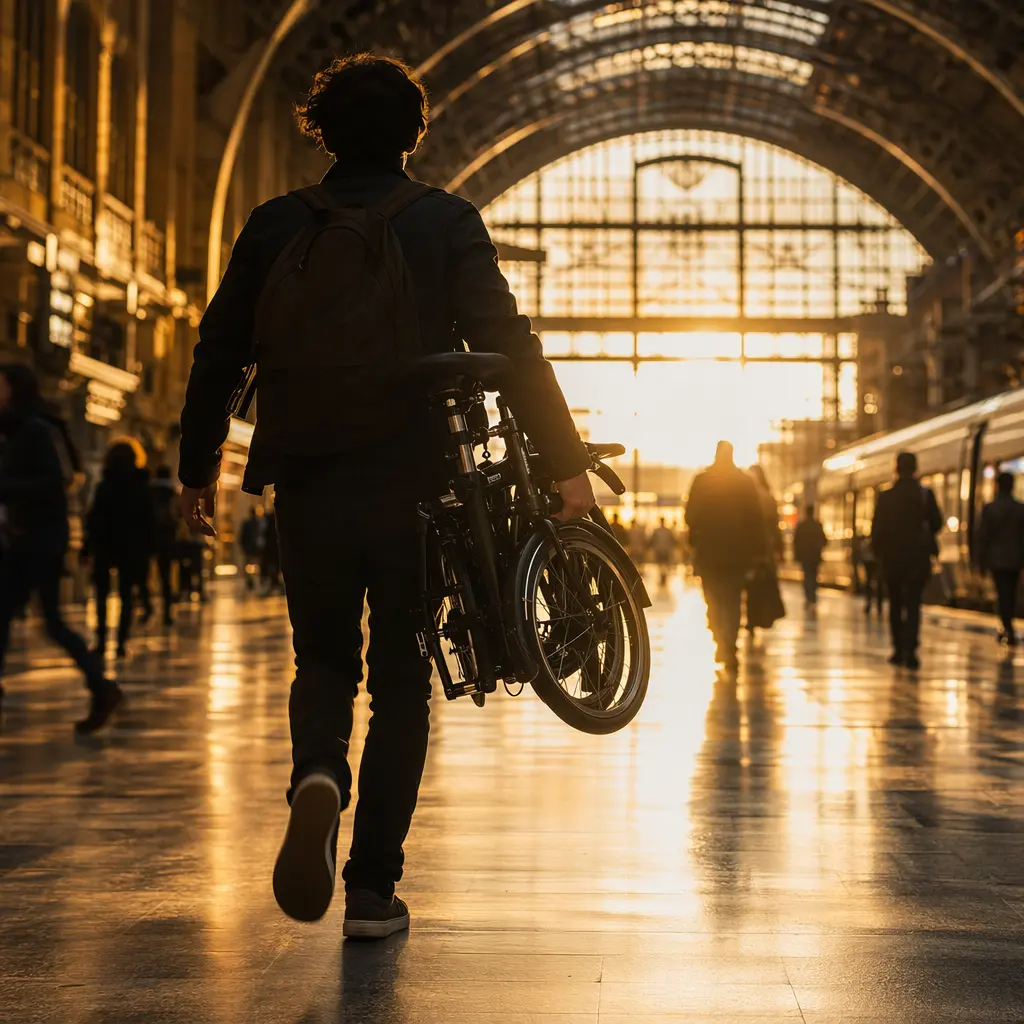 A rider silhouette carrying a folding bike through a bright station concourse
