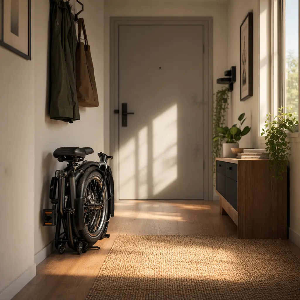 A folding bike stored upright in a small, sunlit flat hallway