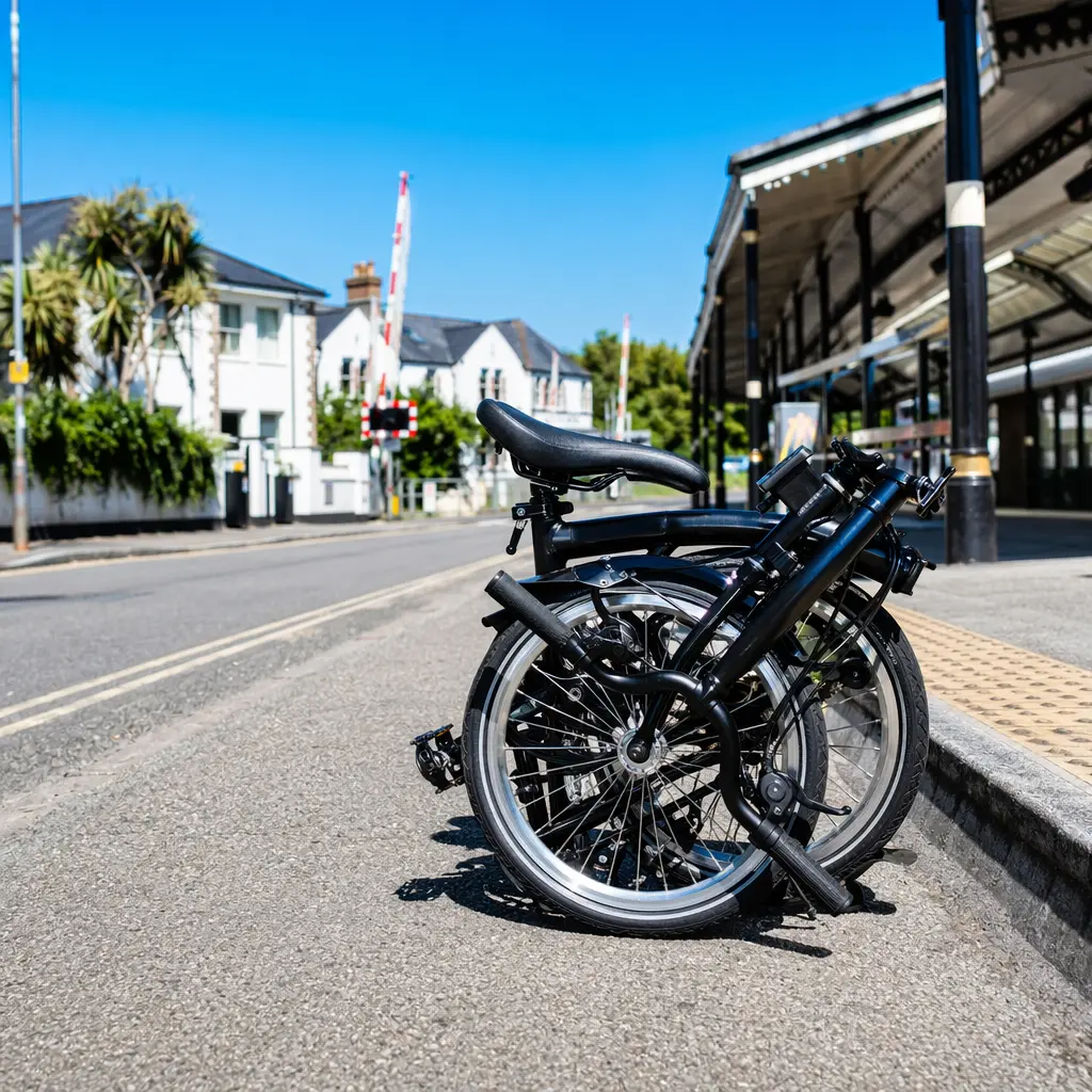 A folding bike folded beside a sunny UK train station platform