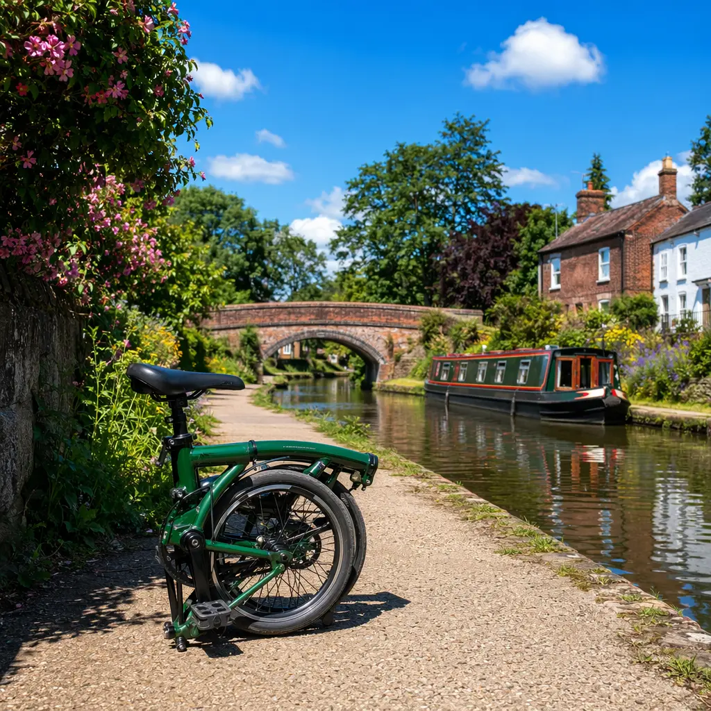 A folding bike resting beside a sunny canal towpath