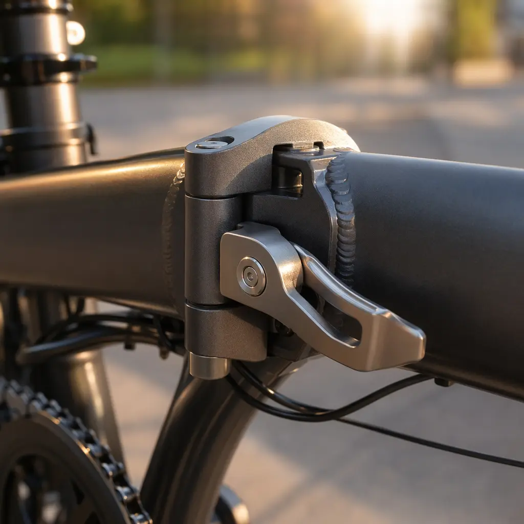 Close-up detail of a folding bike hinge and locking mechanism