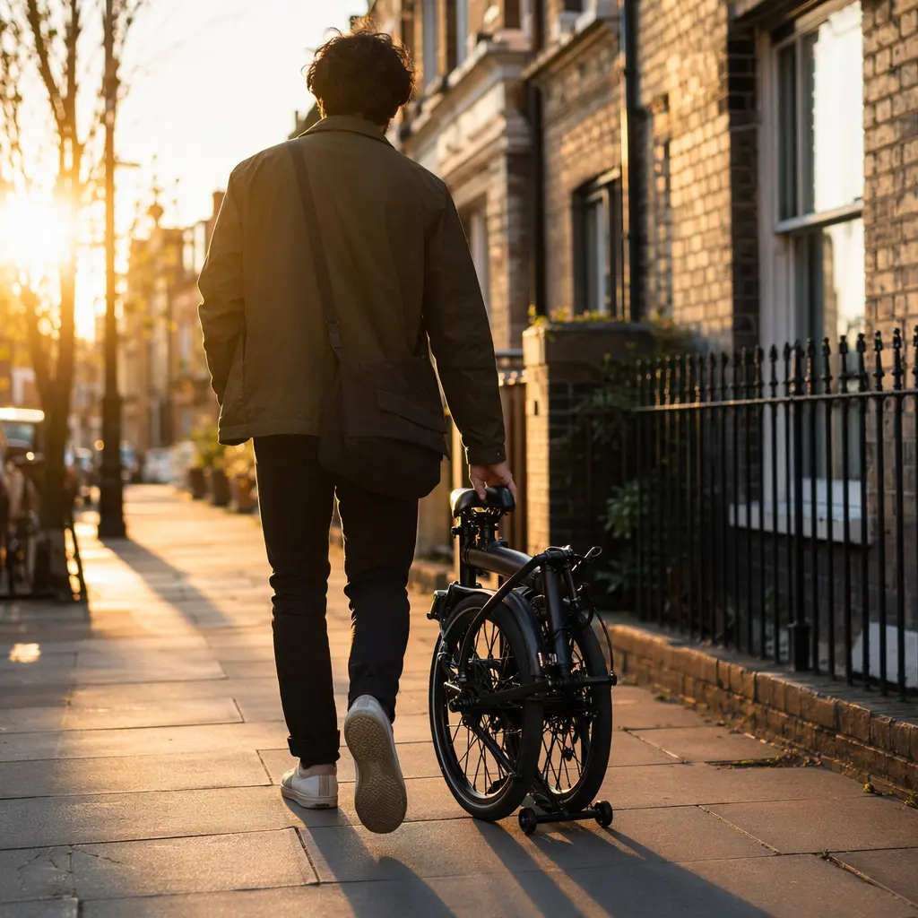 A compact folding bike being wheeled along a sunlit city pavement near terraced houses