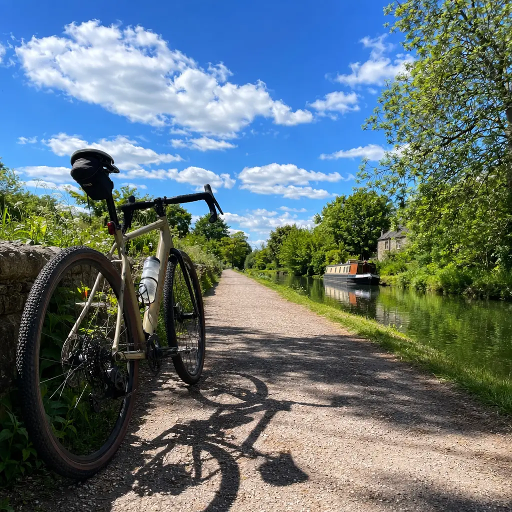Gravel bike parked on a sunny canal towpath with blue sky overhead