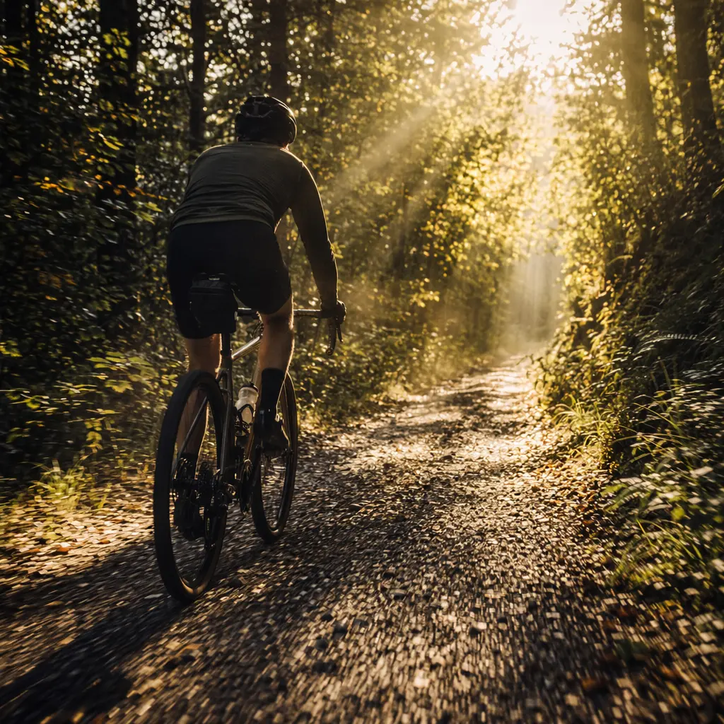 Gravel bike ridden through a sunlit woodland bridleway