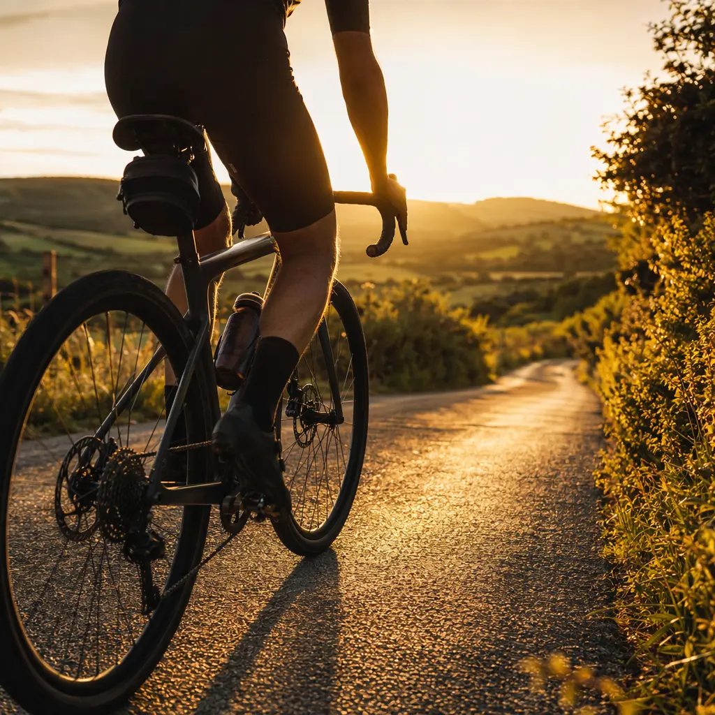 Gravel bike riding along a sunlit country lane in warm golden-hour light