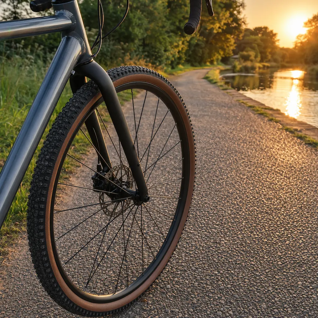 Close-up of a gravel bike wheel on a canal towpath in warm golden-hour light
