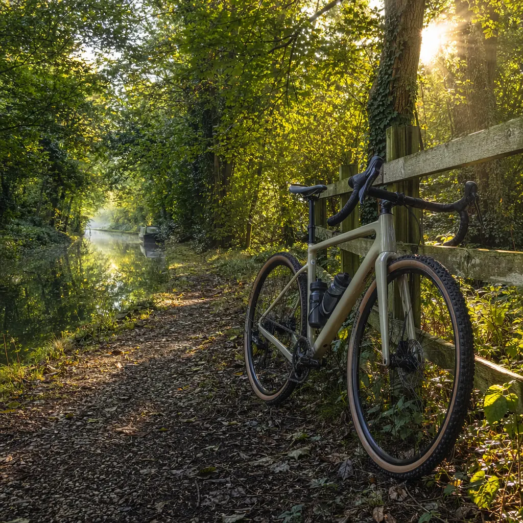 Gravel bike beside a canal in warm morning woodland light