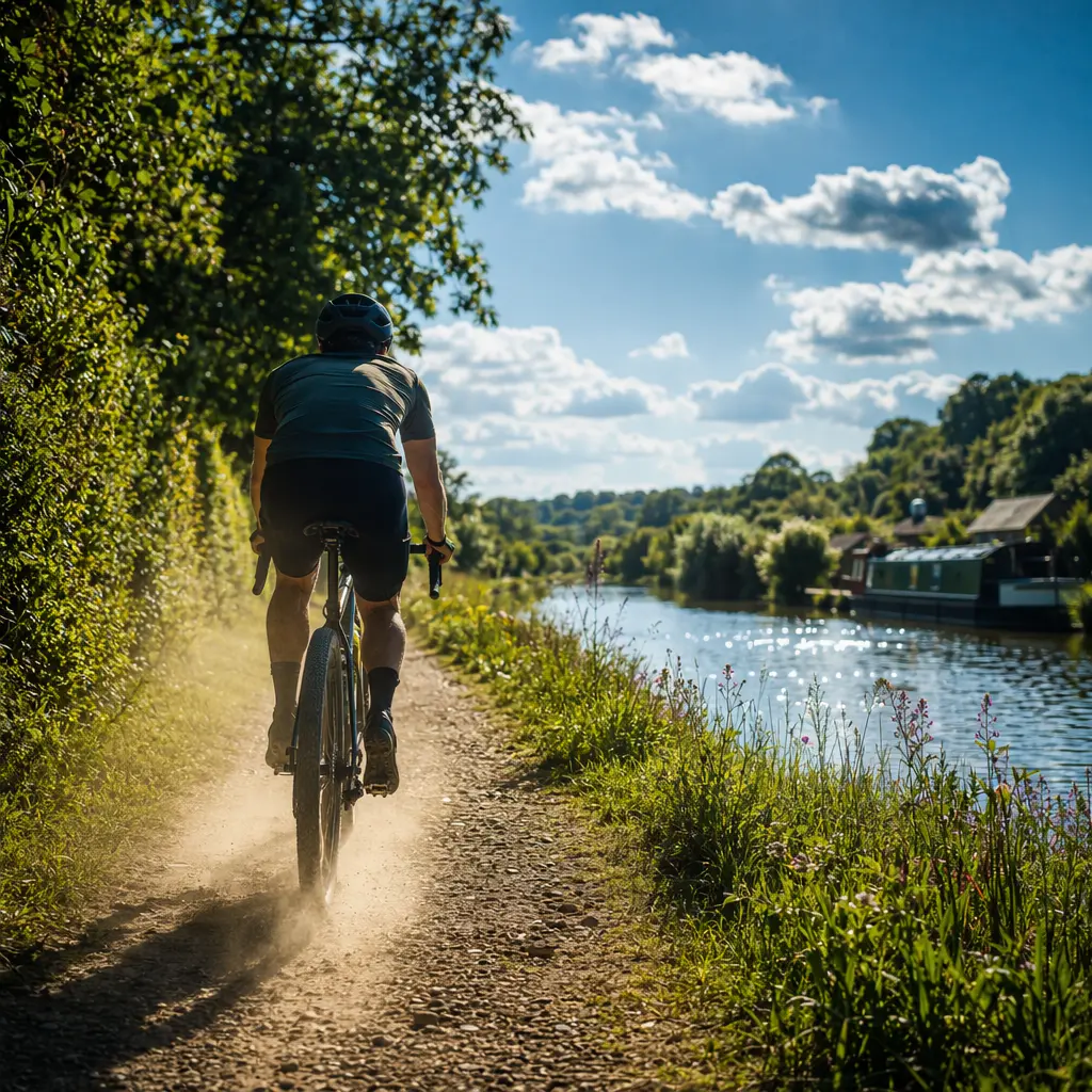 Gravel bike riding along a sunny UK canal towpath, shown from behind in bright summer light