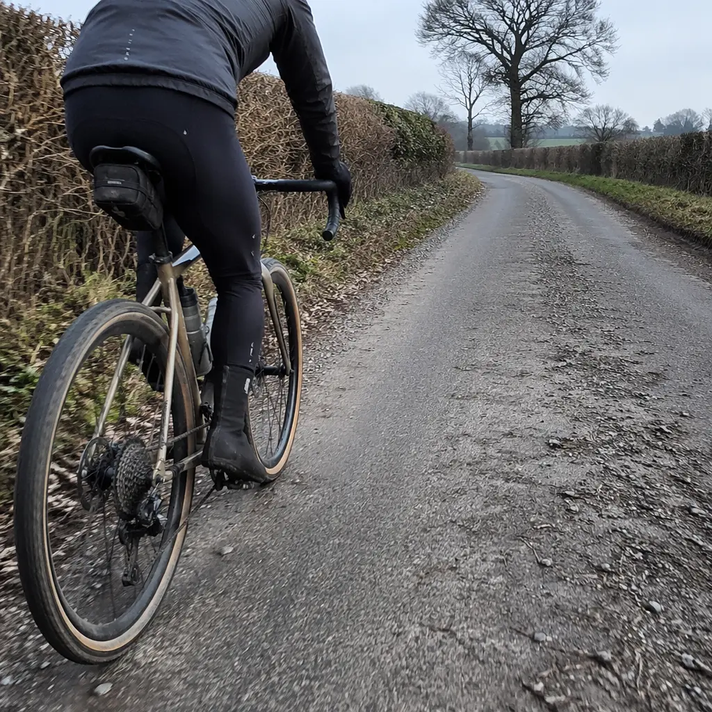 Budget gravel bike on a quiet UK country lane with mixed road surfaces